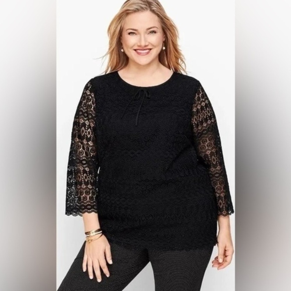 Talbots Womens Black Detailed Lace Top 3/4 sleeve crew neck size XL